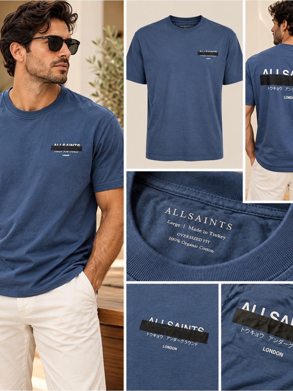 AllSaints Men's Slate Blue Graphic Crew Neck Tee